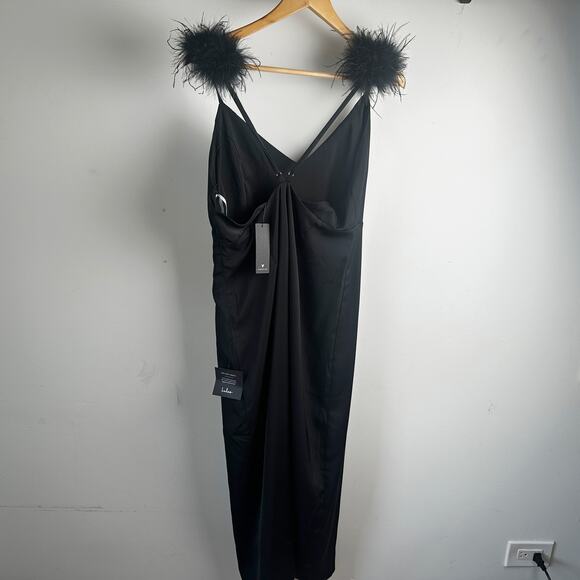 Exquisite Invite Black Satin Feather Backless Midi Dress XL Lulu's  MSRP $80 - Picture 4 of 6
